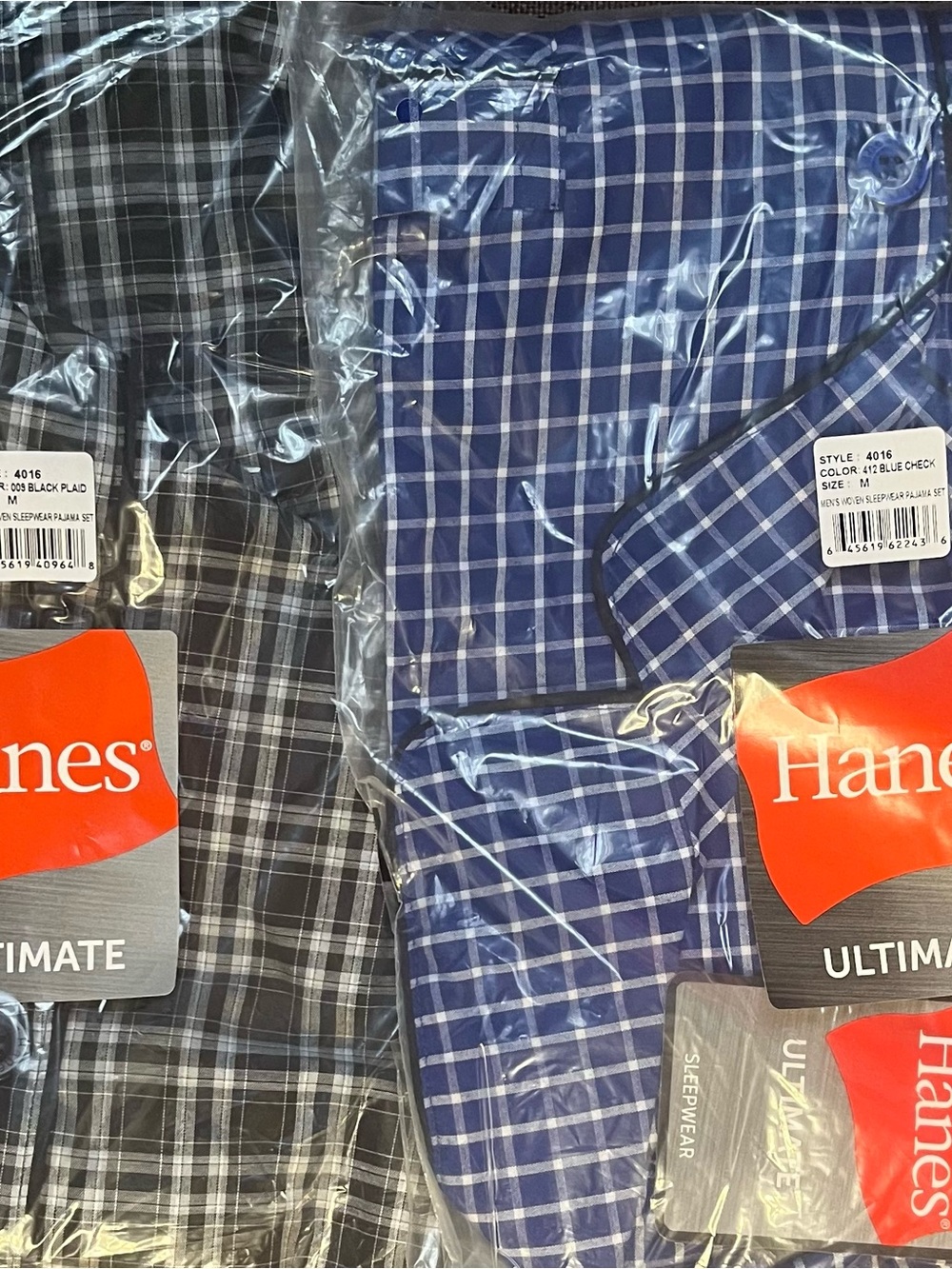 2 Hanes Men's Plaid pajama tops in Blue and Black